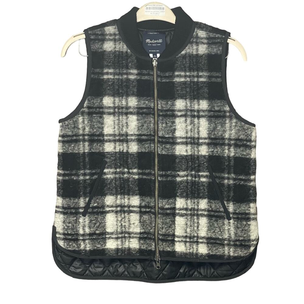 Madewell wool blend vest black white plaid zip front inside pocket size medium
